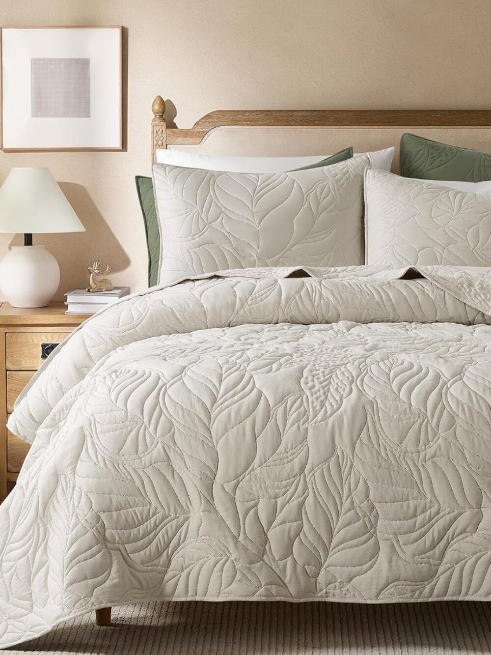 Beige King Size Quilt Set, Neutral Soft Lightweight Bedspread, Farmhouse Rustic